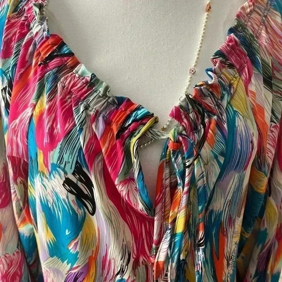 [M]Vintage Citrine  Abstract Rainbow Tulips L/S Pull Over Blouse Key Hole Neck - Picture 3 of 10